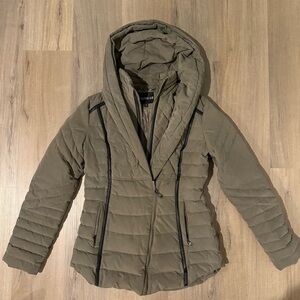 Express Women's Grey Brown Suede Puffer Jacket with Hood and Feather Filling